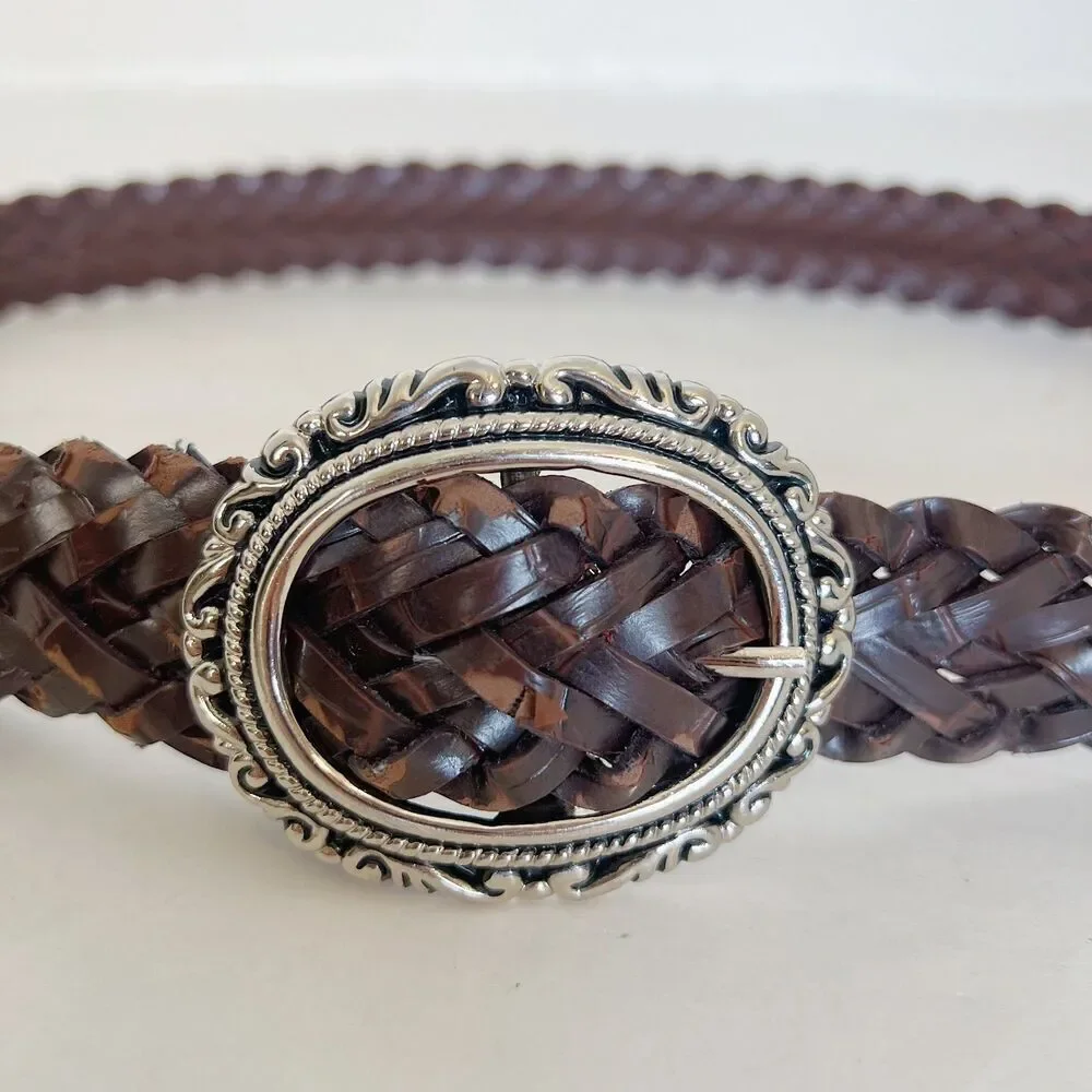 Vintage Brown Leather Braided Belt Silver Statement Buckle Size M